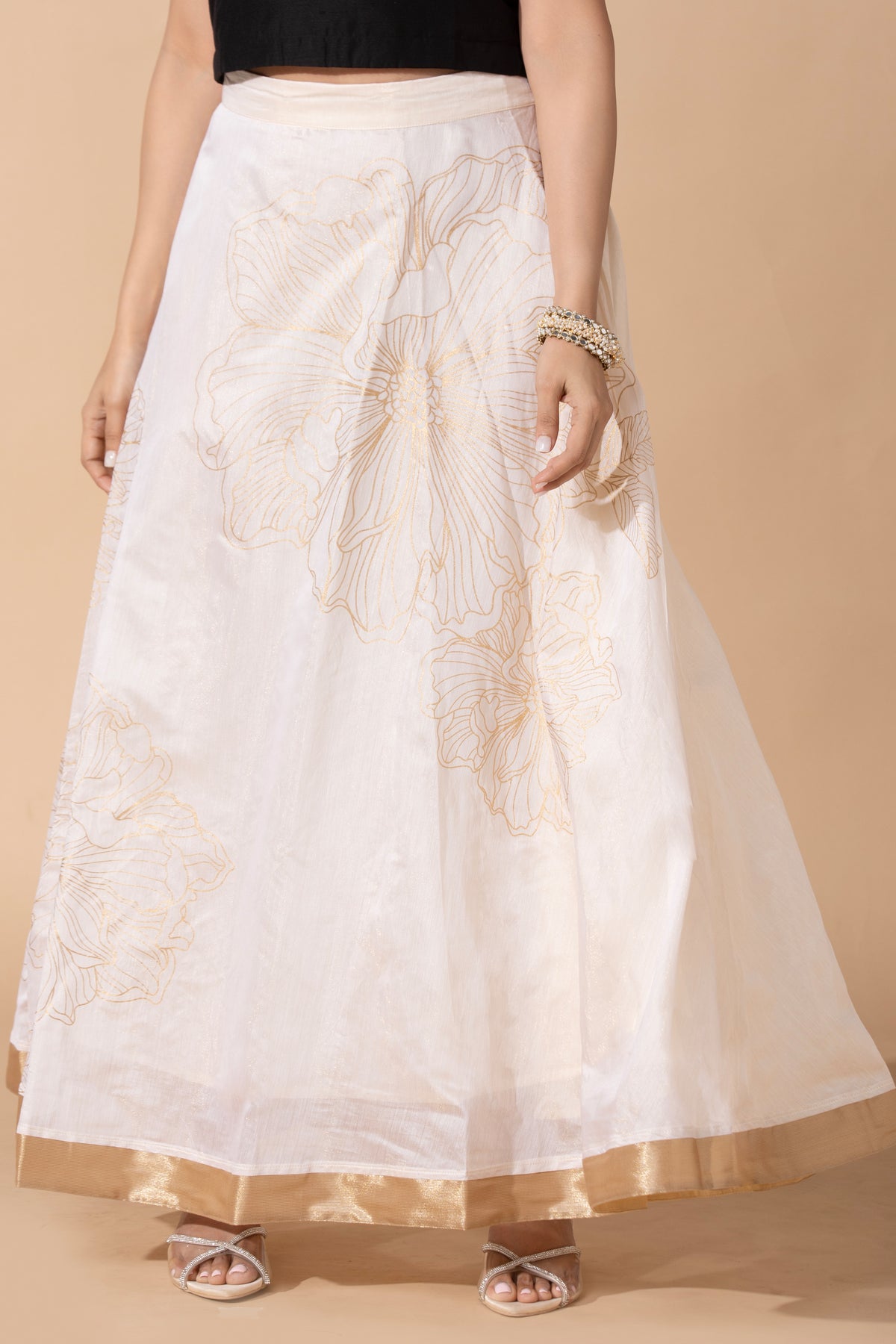 Off White Floral Printed Circular Kota Khakhi Skirt