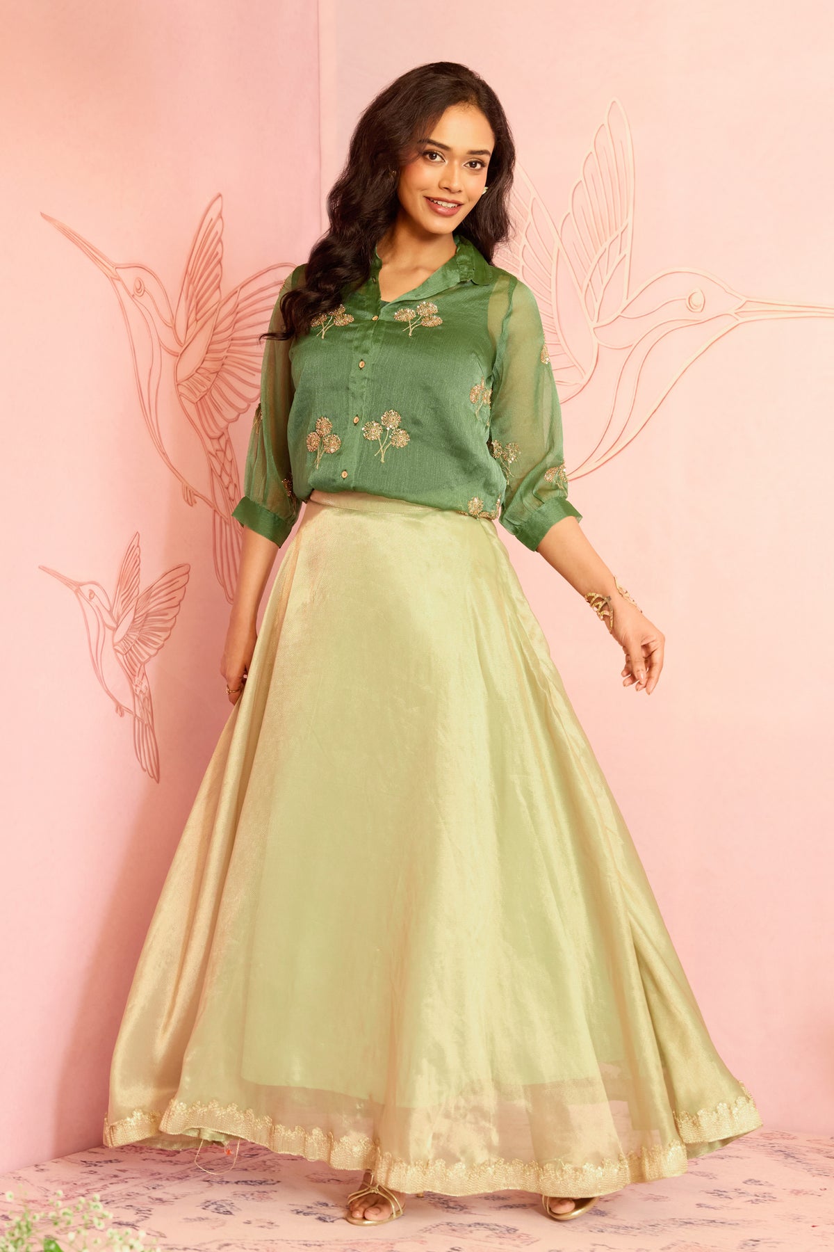 Green Solid Panelled Festive Skirt