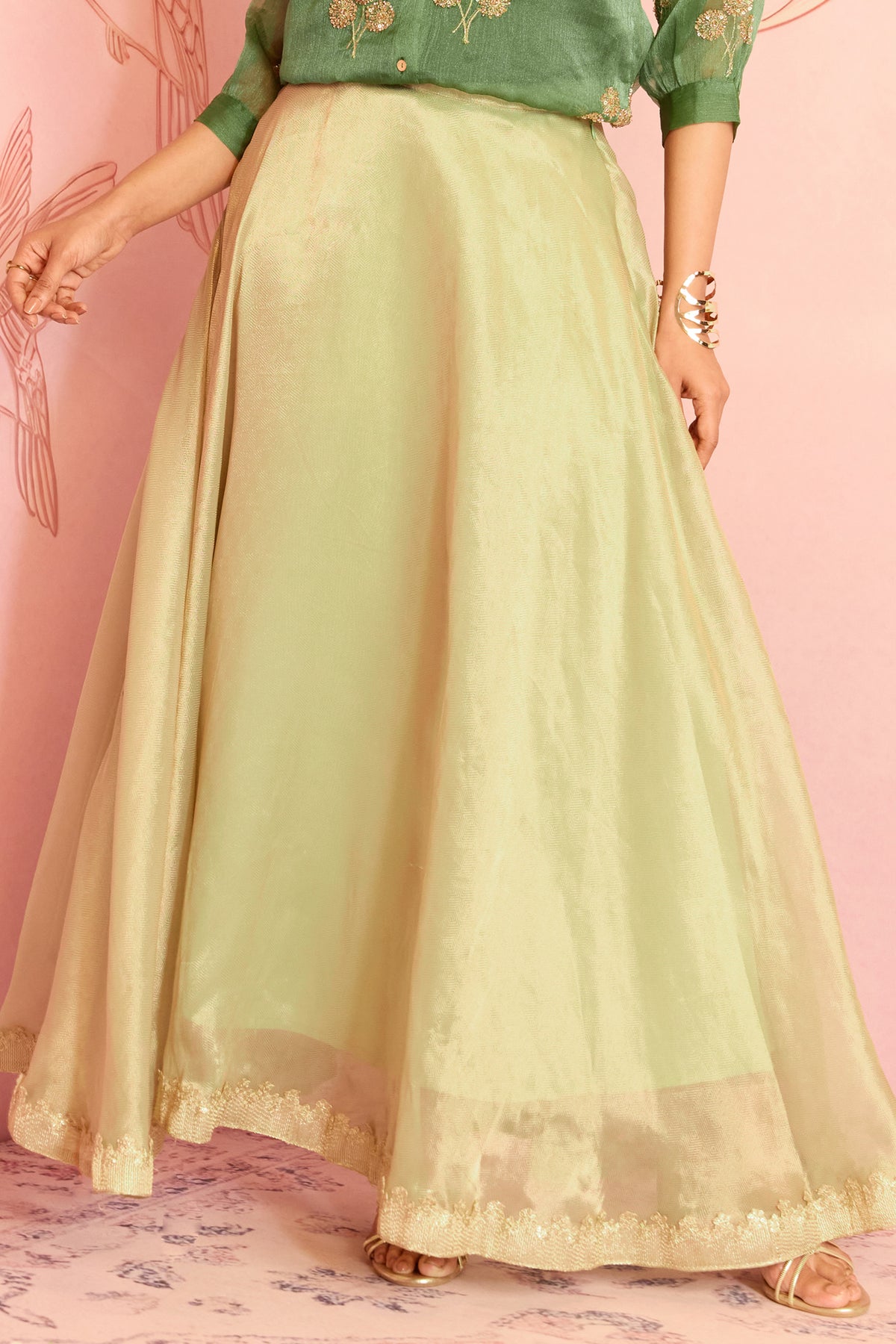 Green Solid Panelled Festive Skirt