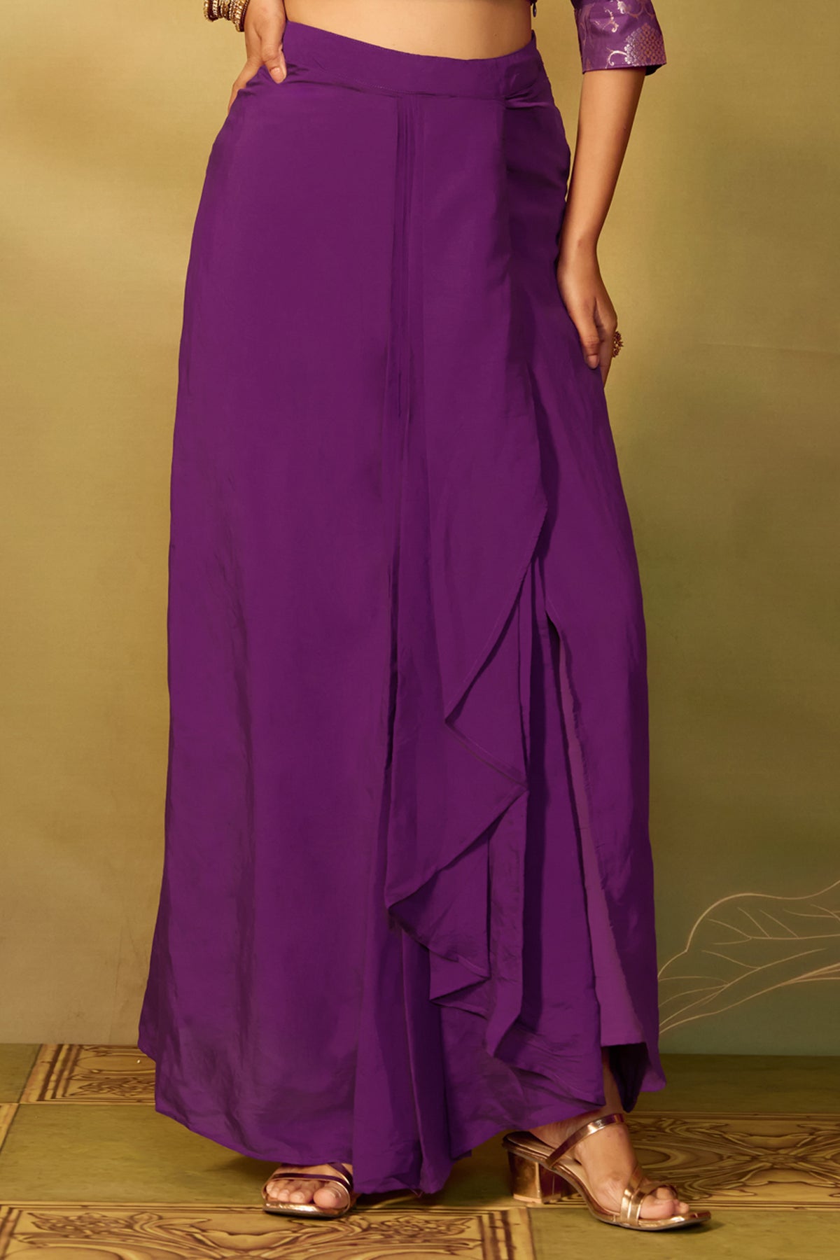 Purple Solid Draped Festive Skirt