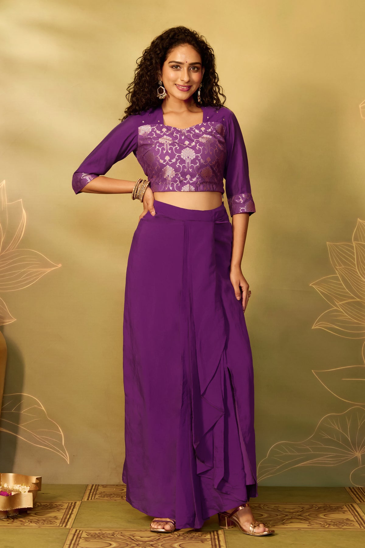 Purple Solid Draped Festive Skirt