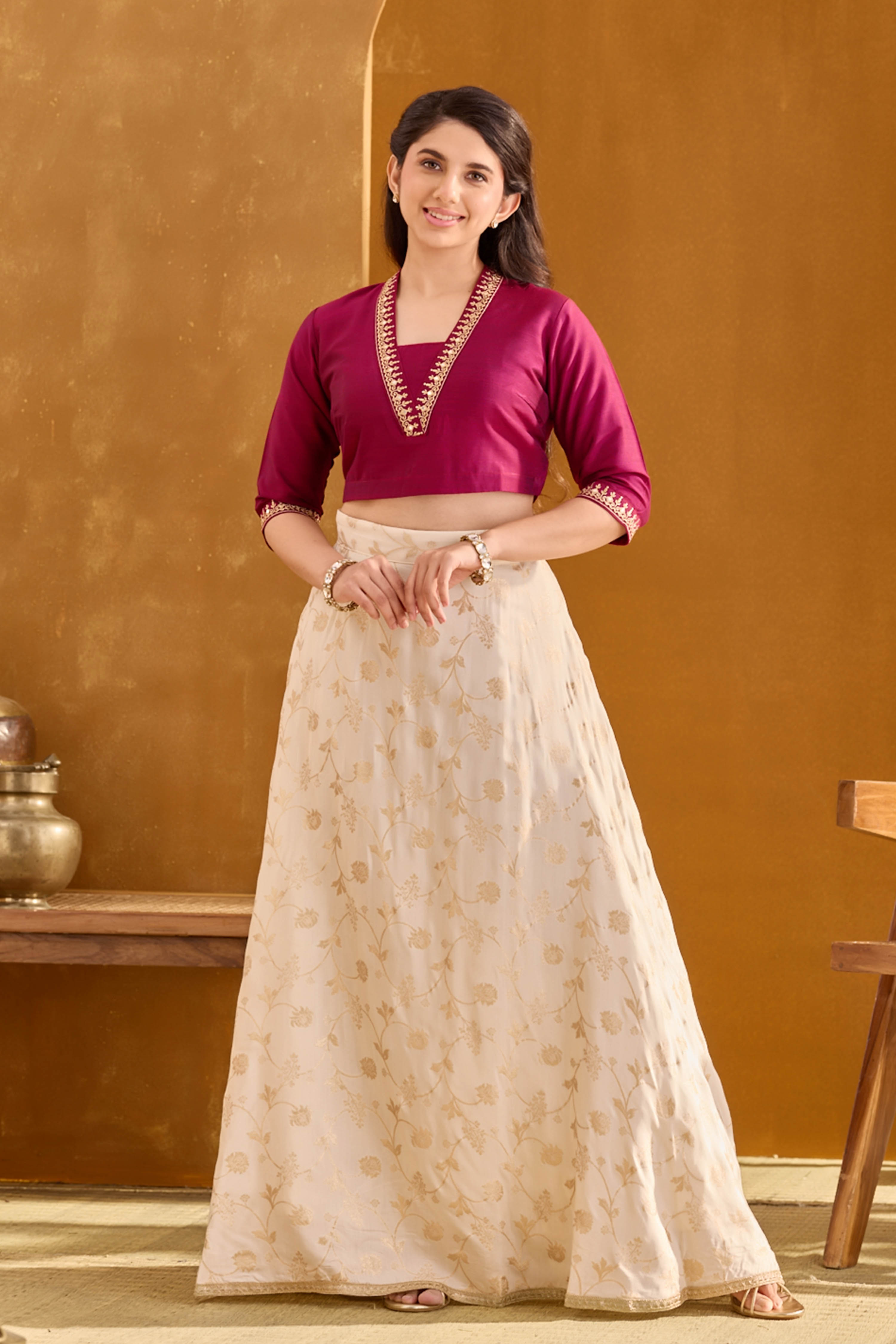 Off White Floral Brocade Skirt with Decorative Border Only