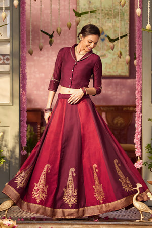 Maroon Festive Skirt Set, Paneled