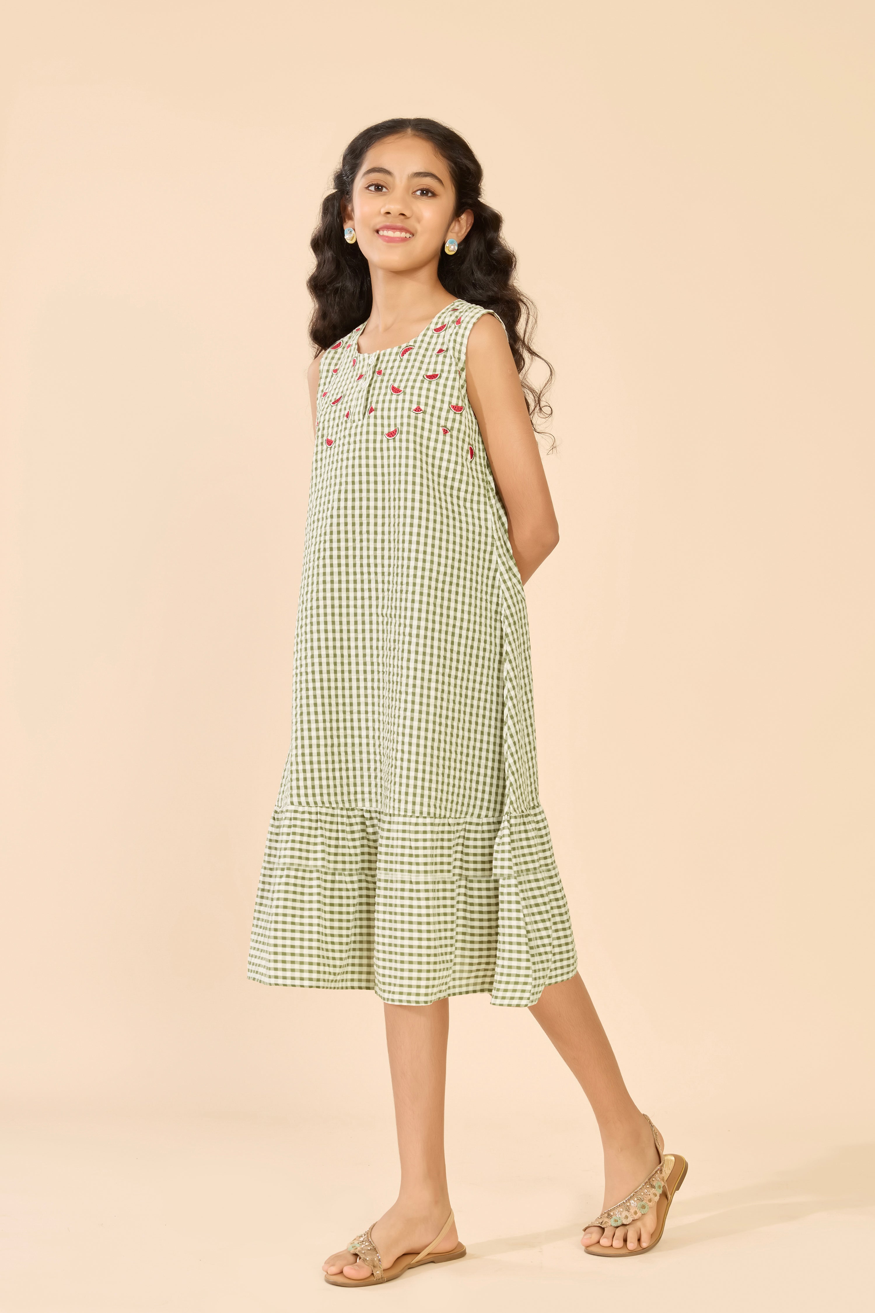 Green Striped Cotton Tiered A-Line Kids Anarkali