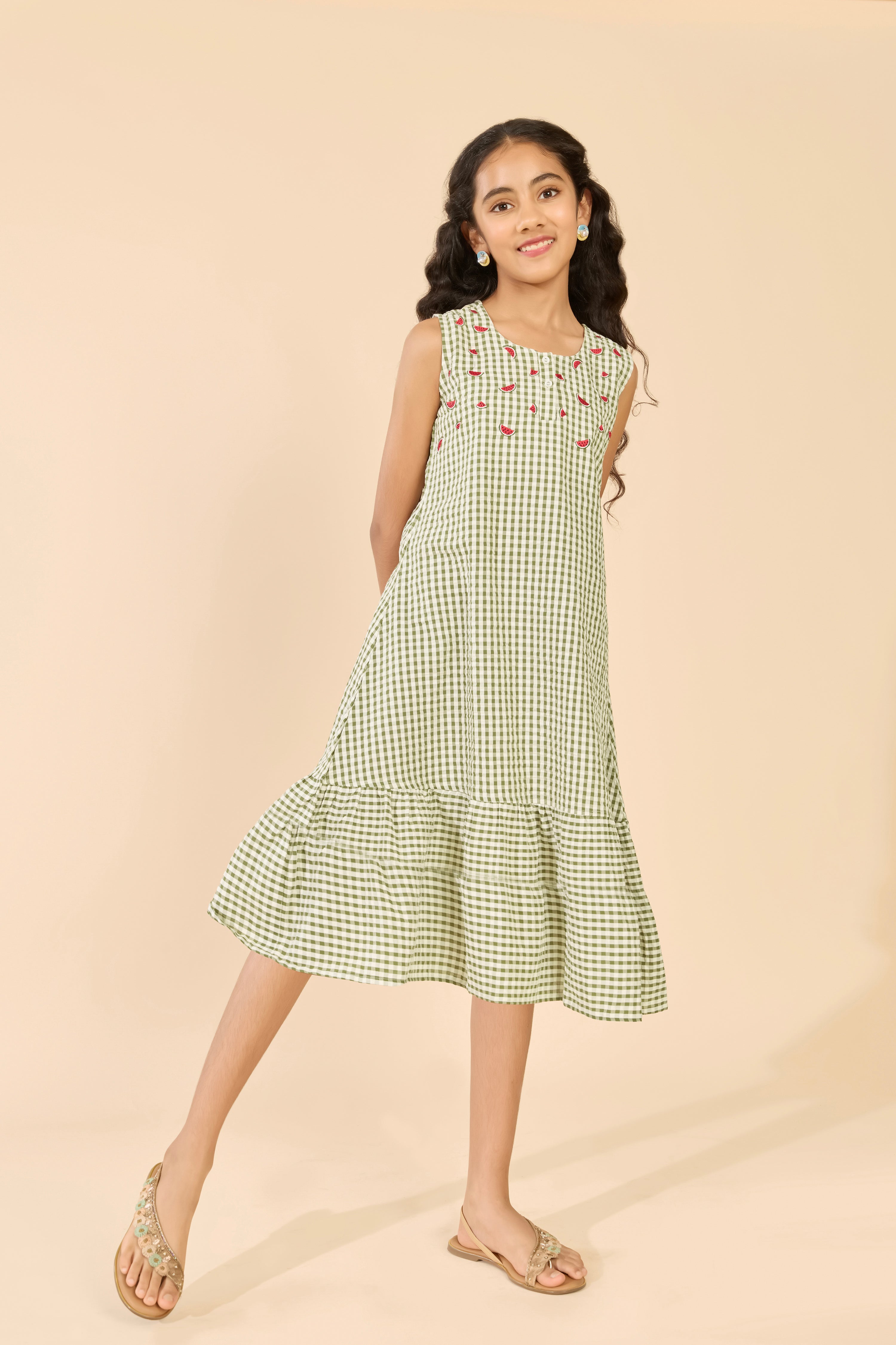 Green Striped Cotton Tiered A-Line Kids Anarkali
