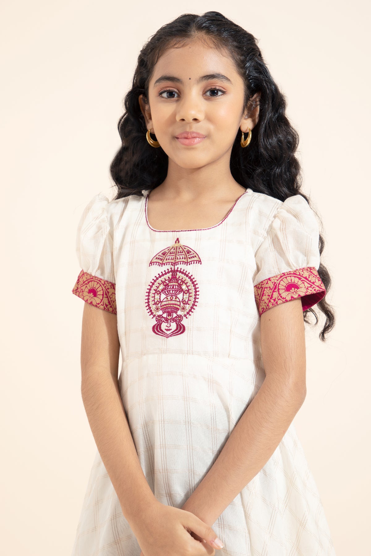 Kathakali Embroidered Kids Anarkali - Off-White & Pink
