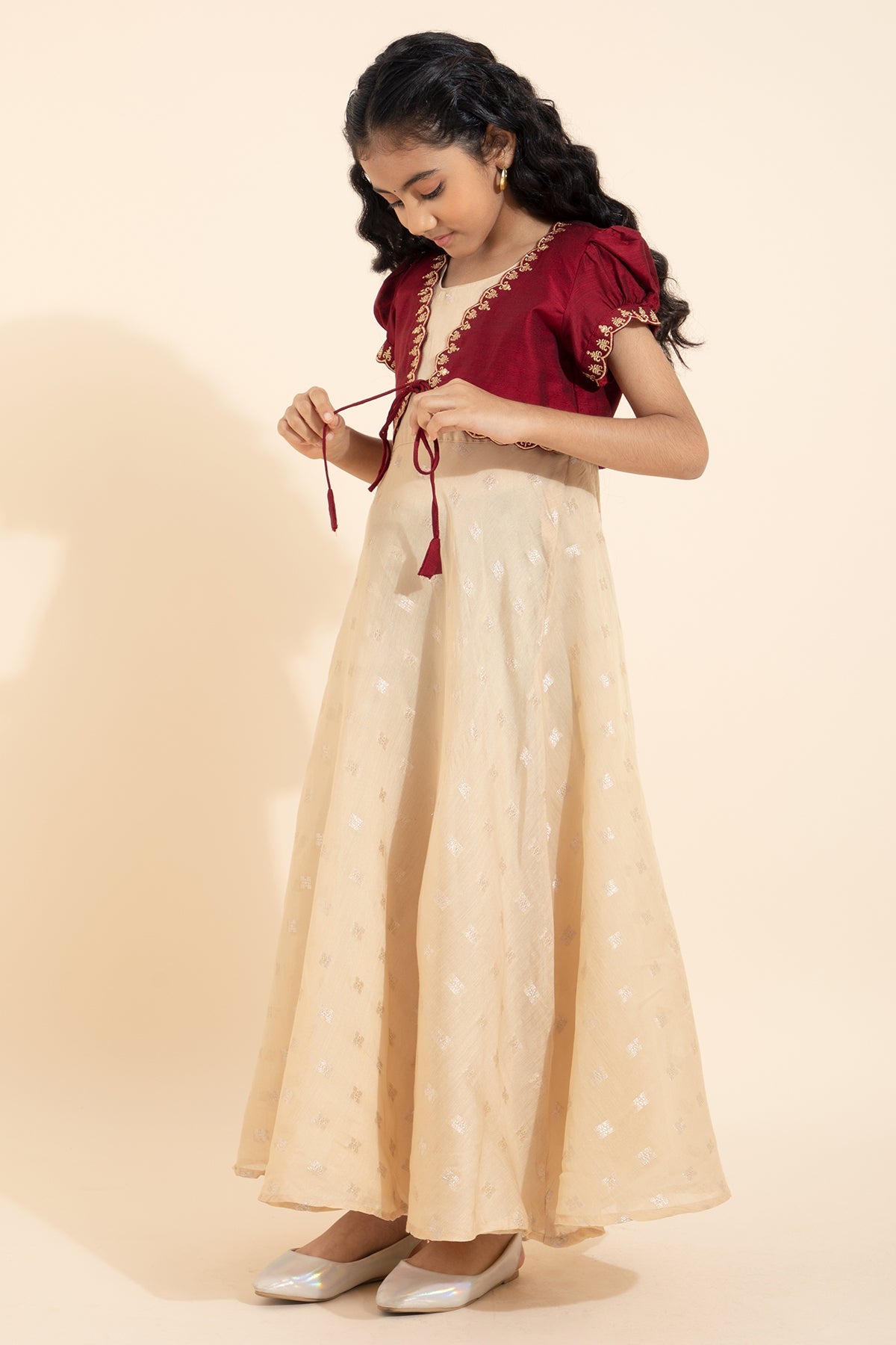 Brocade Kids Anarkali with Embroidered Overcoat - Beige & Maroon