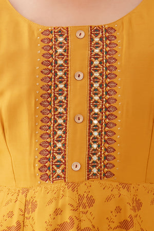 Vanasingaram Inspired Printed Embroidered Yoke Kids Anarkali Mustard