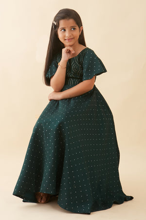 All Over Printed With Sequins Yoke Anarkali Green