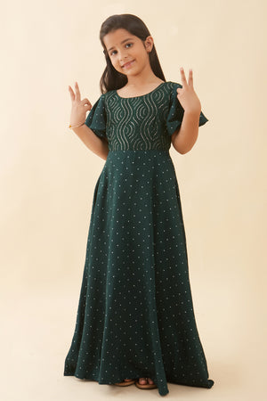 All Over Printed With Sequins Yoke Anarkali Green