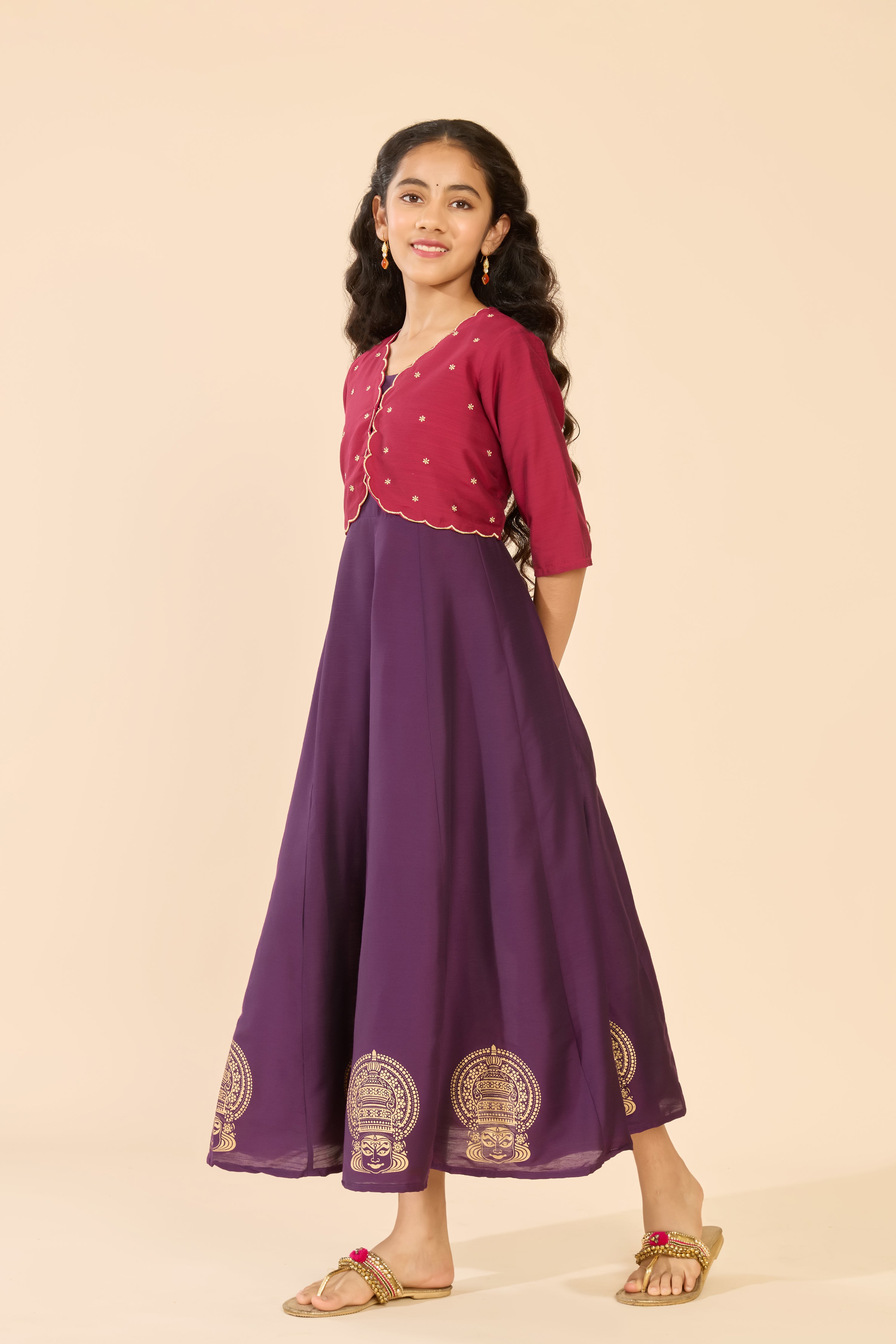 Purple Floral Embroidered Tiered A-Line Kids Anarkali