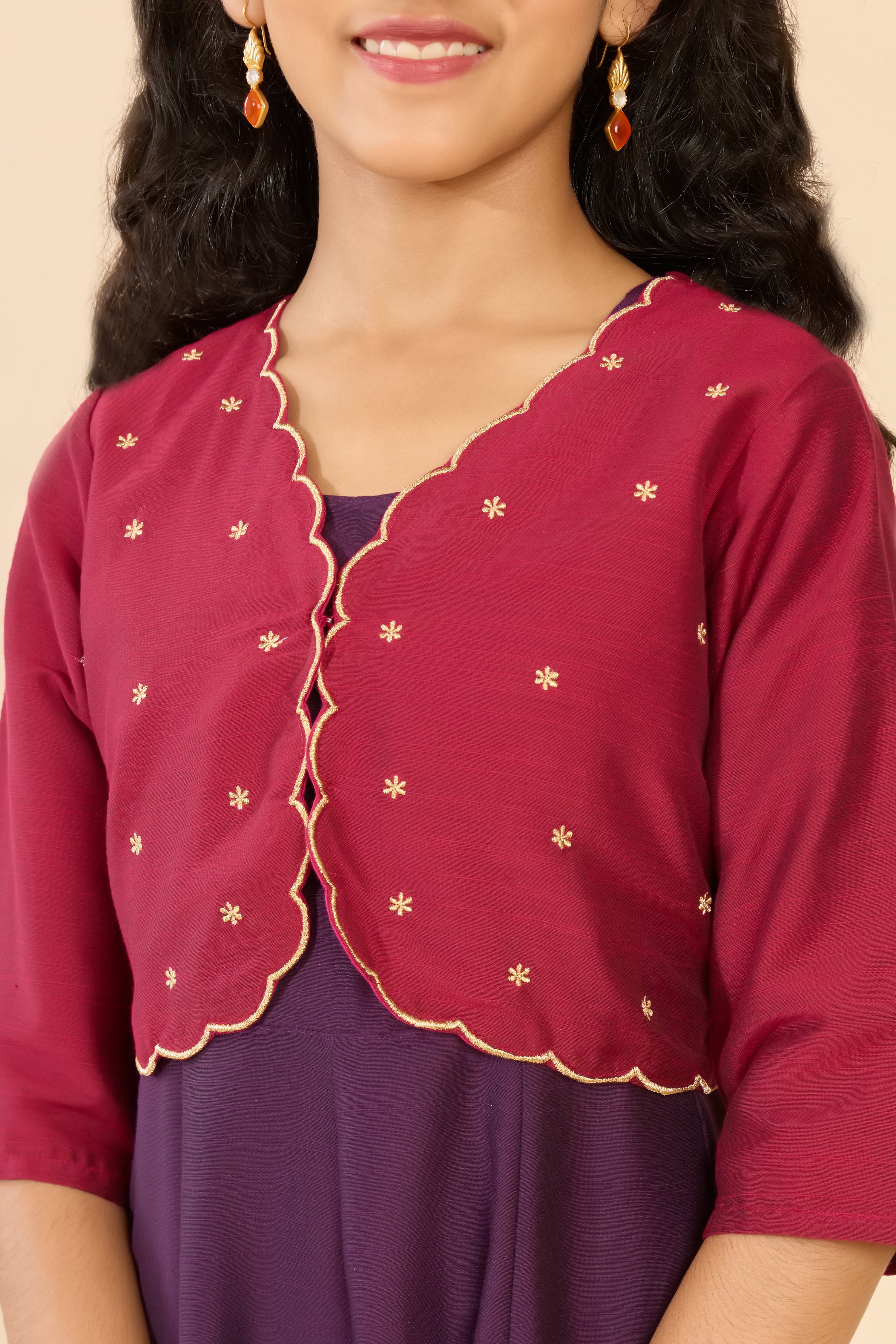 Purple Floral Embroidered Tiered A-Line Kids Anarkali