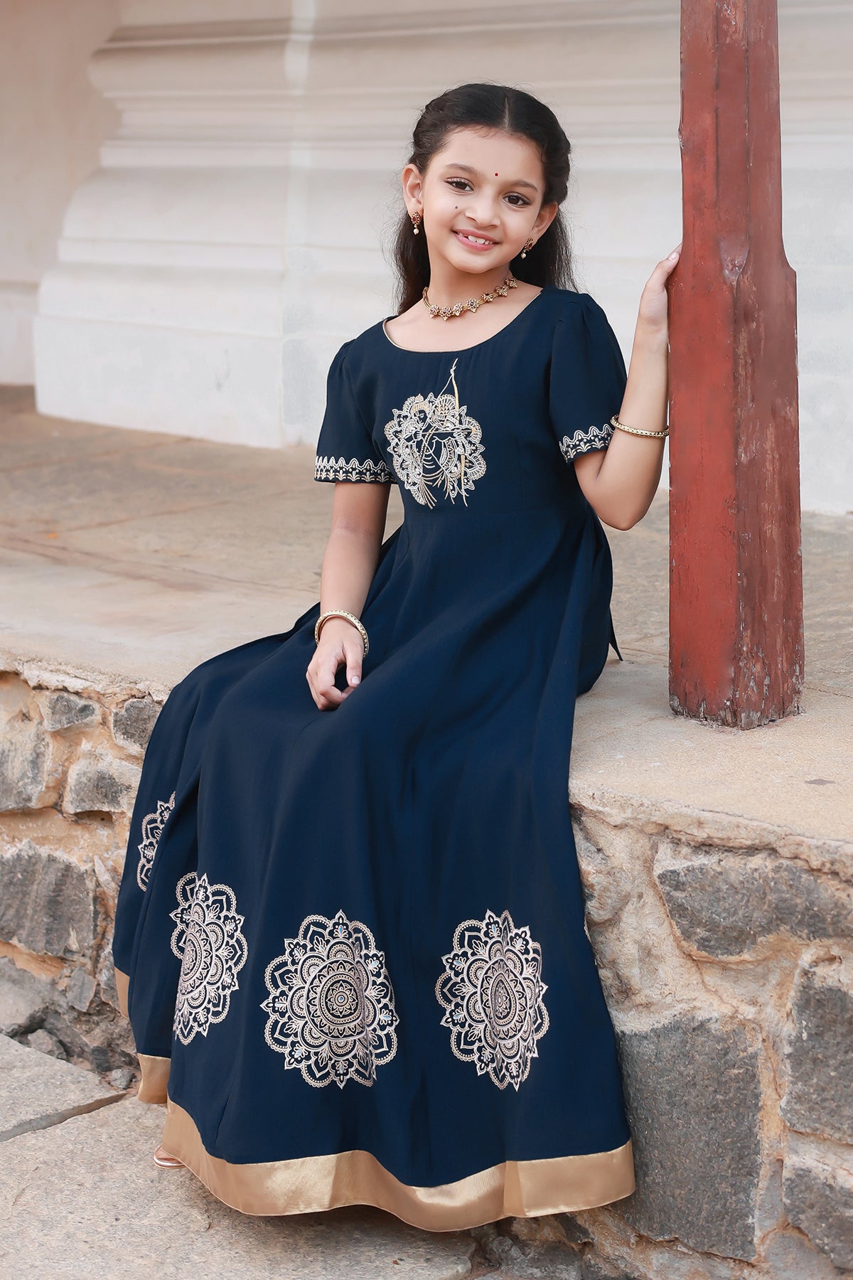 Ram Motif Embroidered With Mandala Printed Kids Anarkali Blue