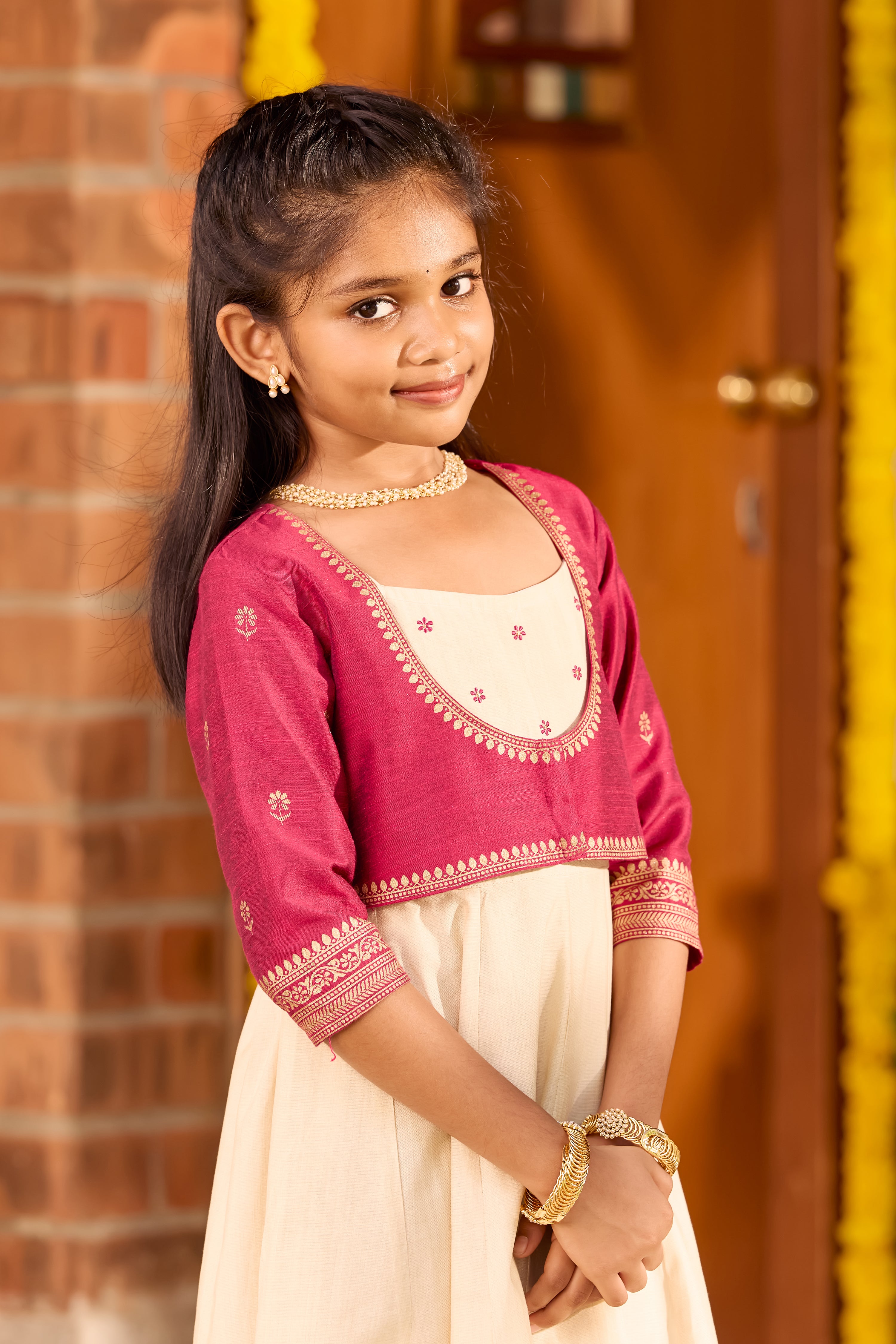 Mural Printed Kids Anarkali in Deep Pink & Off-White – Festive Onam Wear
