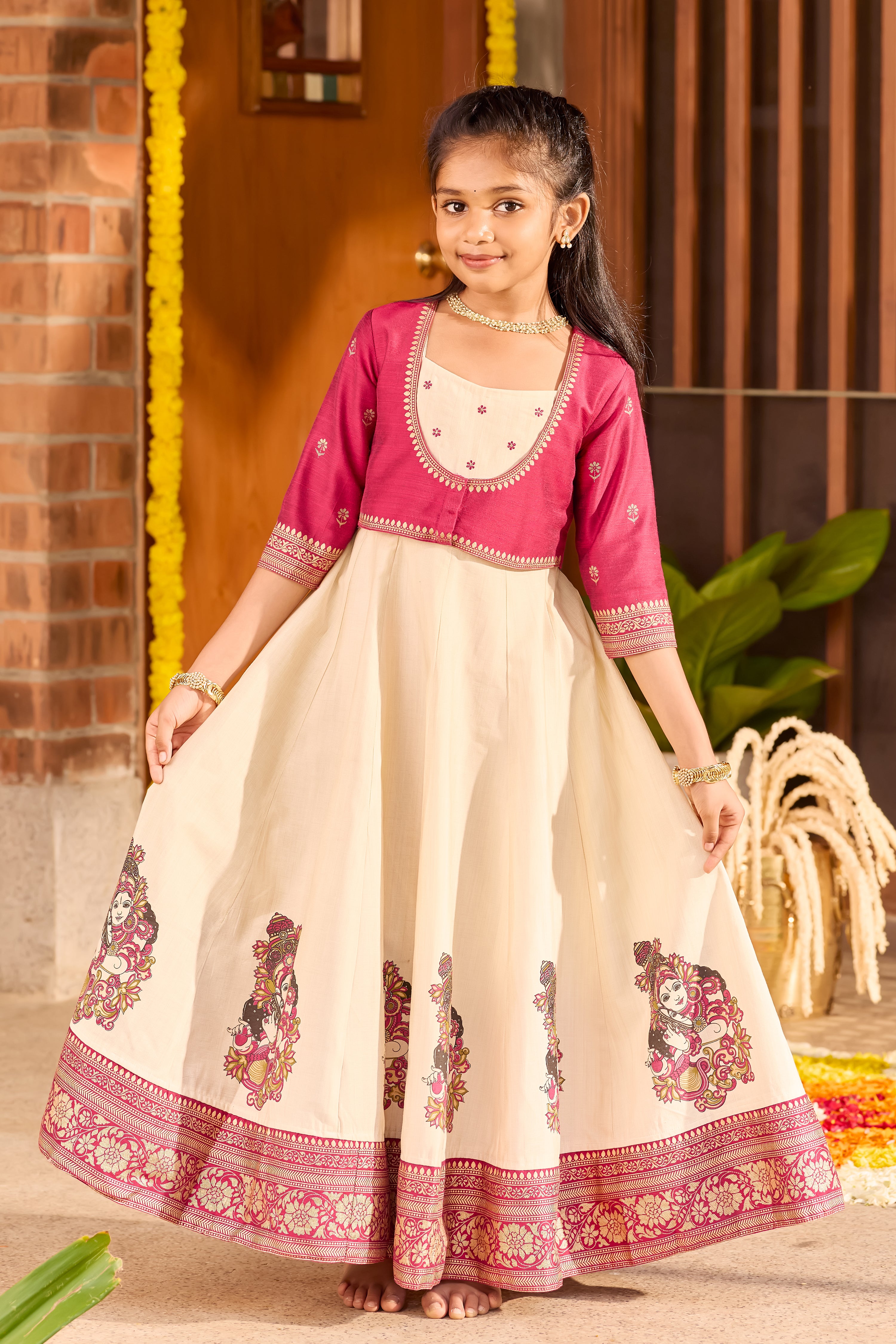 Mural Printed Kids Anarkali in Deep Pink & Off-White – Festive Onam Wear