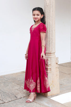 Jewel Inspired Neckline With Contemporary Peacock Motif Printed kids Anarkali Magenta