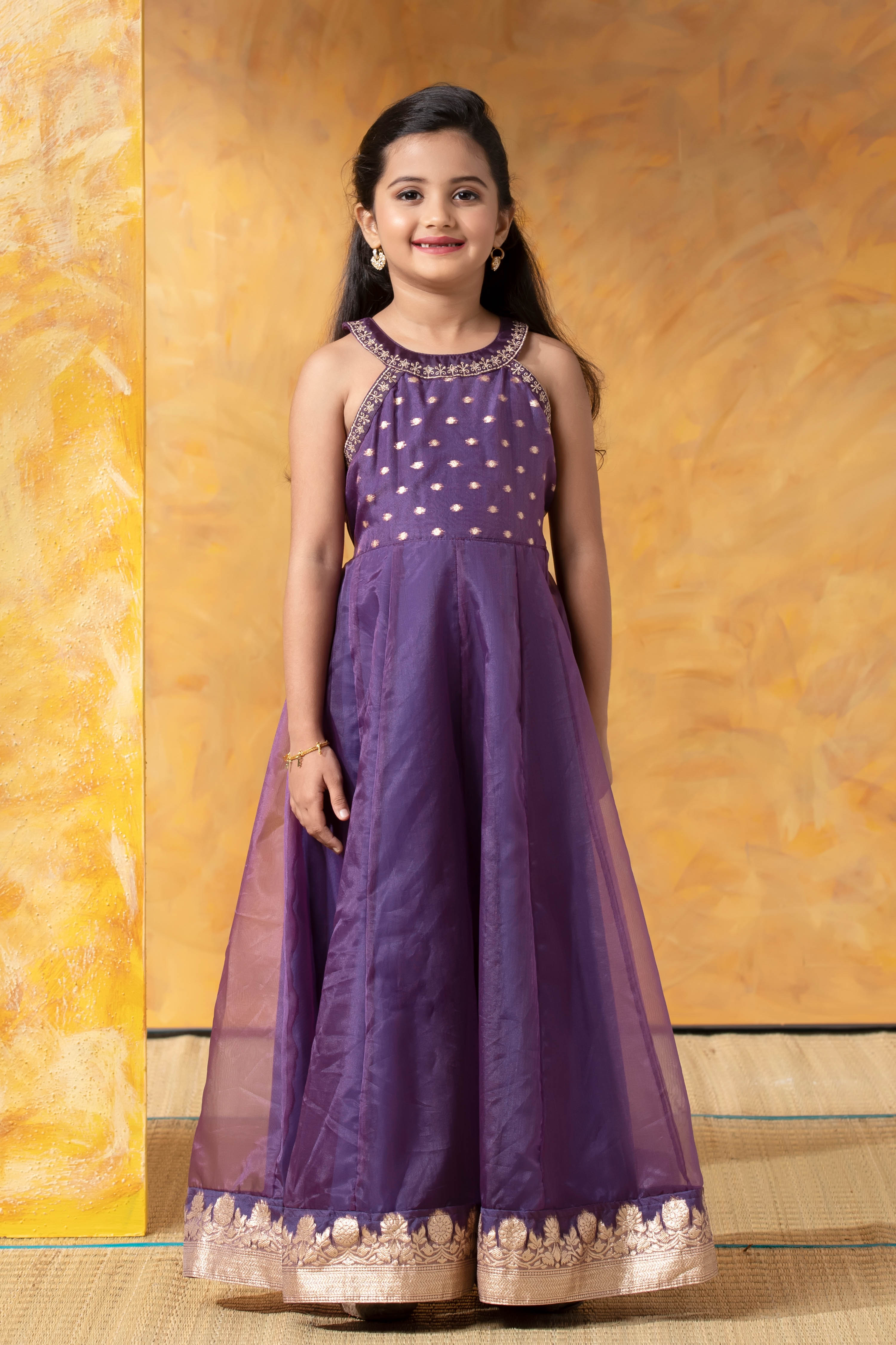 Purple Brocade Kids Anarkali with Halter Neck – Maybell Womens Fashion