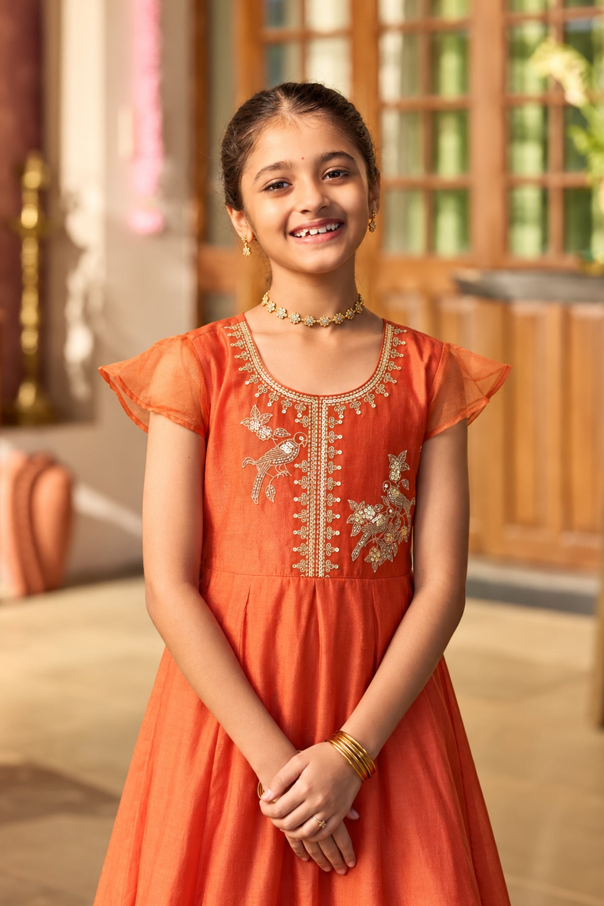 Festive Rust Bird Embroidered & Beads Embellished Kids Anarkali