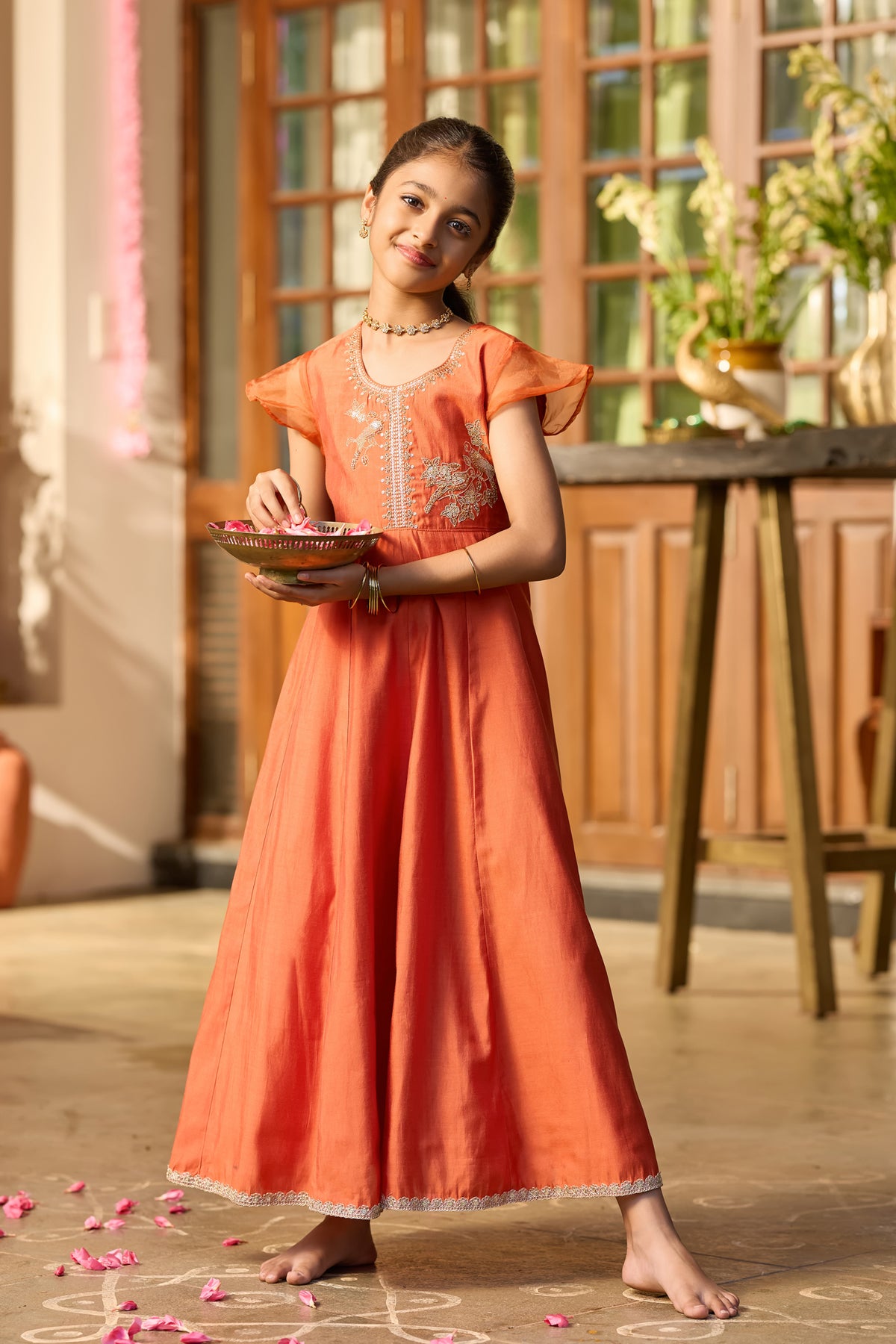 Festive Rust Bird Embroidered & Beads Embellished Kids Anarkali