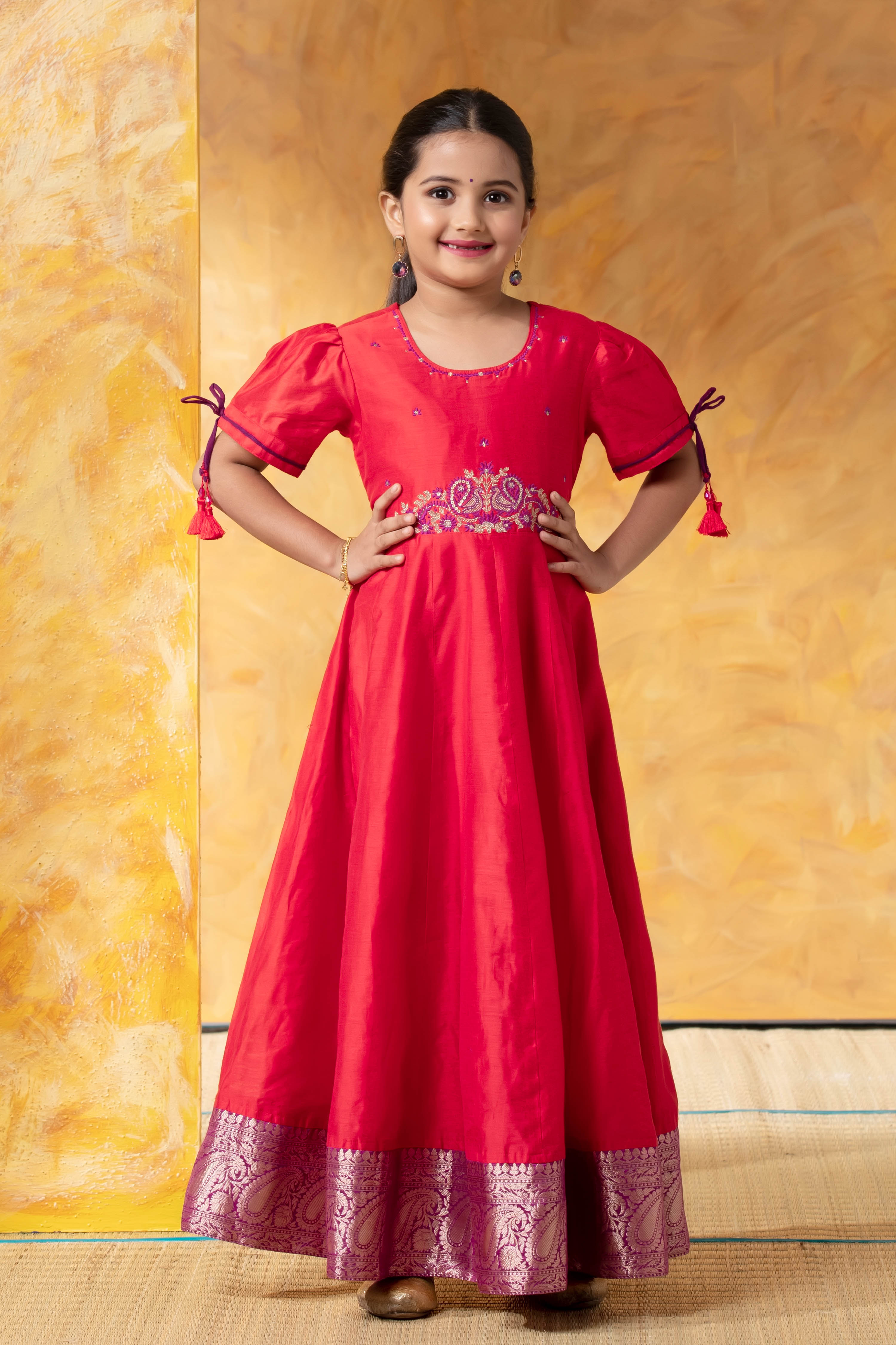 Brick Coloured Kids Anarkali with Brocade Embroidery Sequin Work