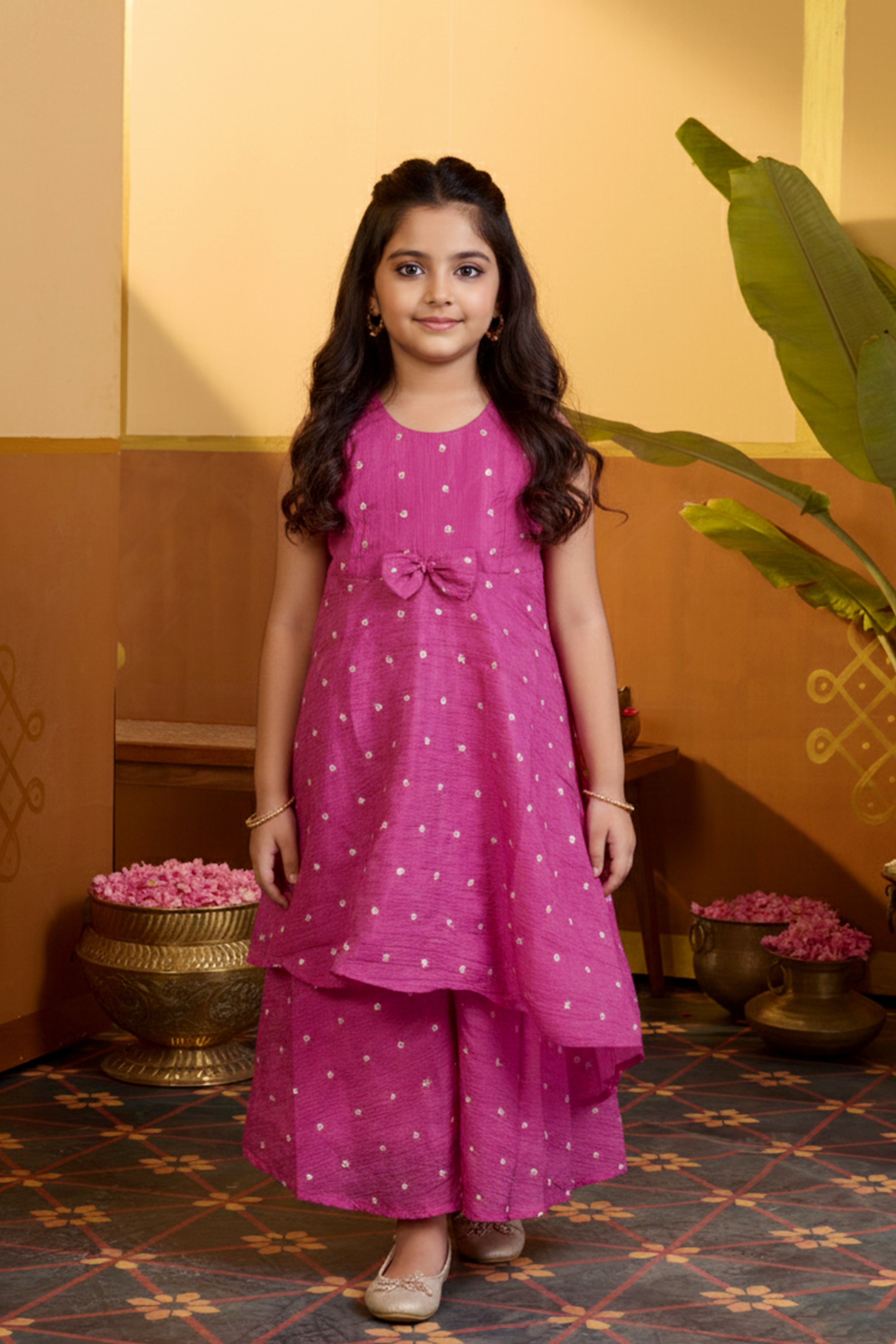 Pink Floral Sequence Embellished Tiered Kids Anarkali