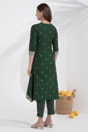 Monochrome Cotton Dobby Green Kurta Pant Set