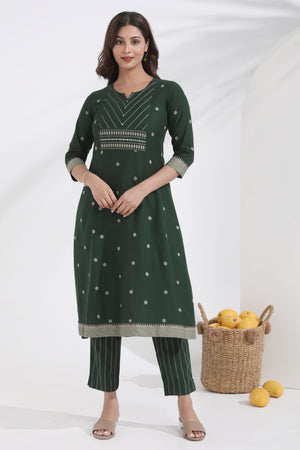 Monochrome Cotton Dobby Green Kurta Pant Set
