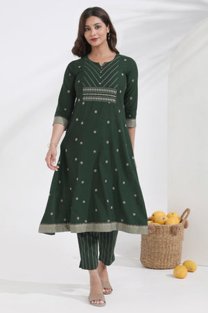 Monochrome Cotton Dobby Green Kurta Pant Set