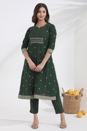 Monochrome Cotton Dobby Green Kurta Pant Set