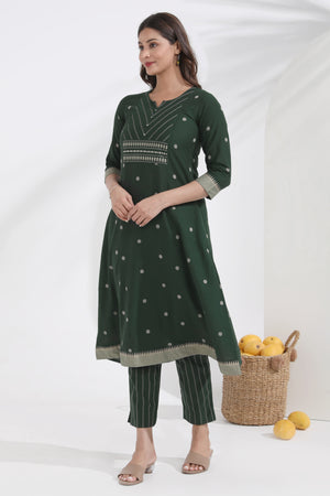 Monochrome Cotton Dobby Green Kurta Pant Set