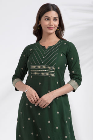 Monochrome Cotton Dobby Green Kurta Pant Set