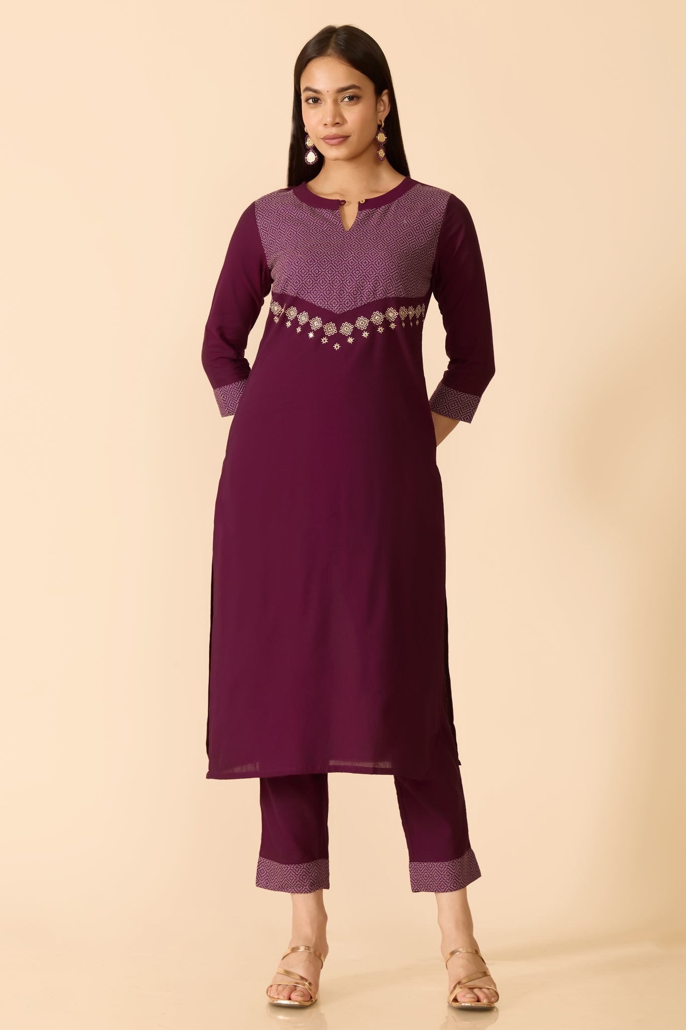 WINE EMBROIDERED YOKE KURTA PANT SET