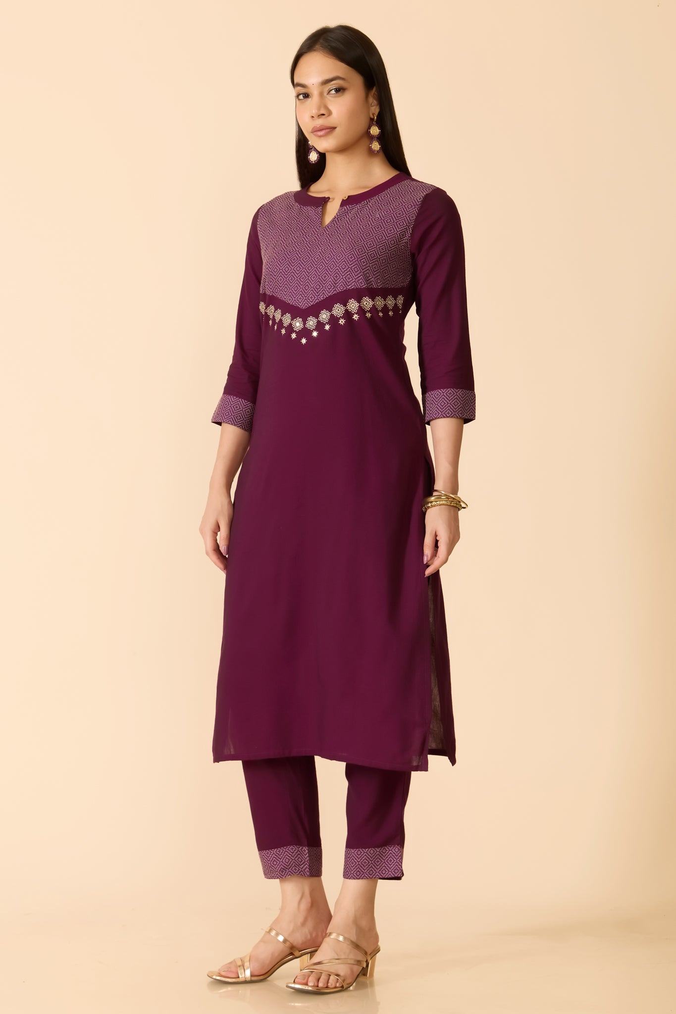 WINE EMBROIDERED YOKE KURTA PANT SET