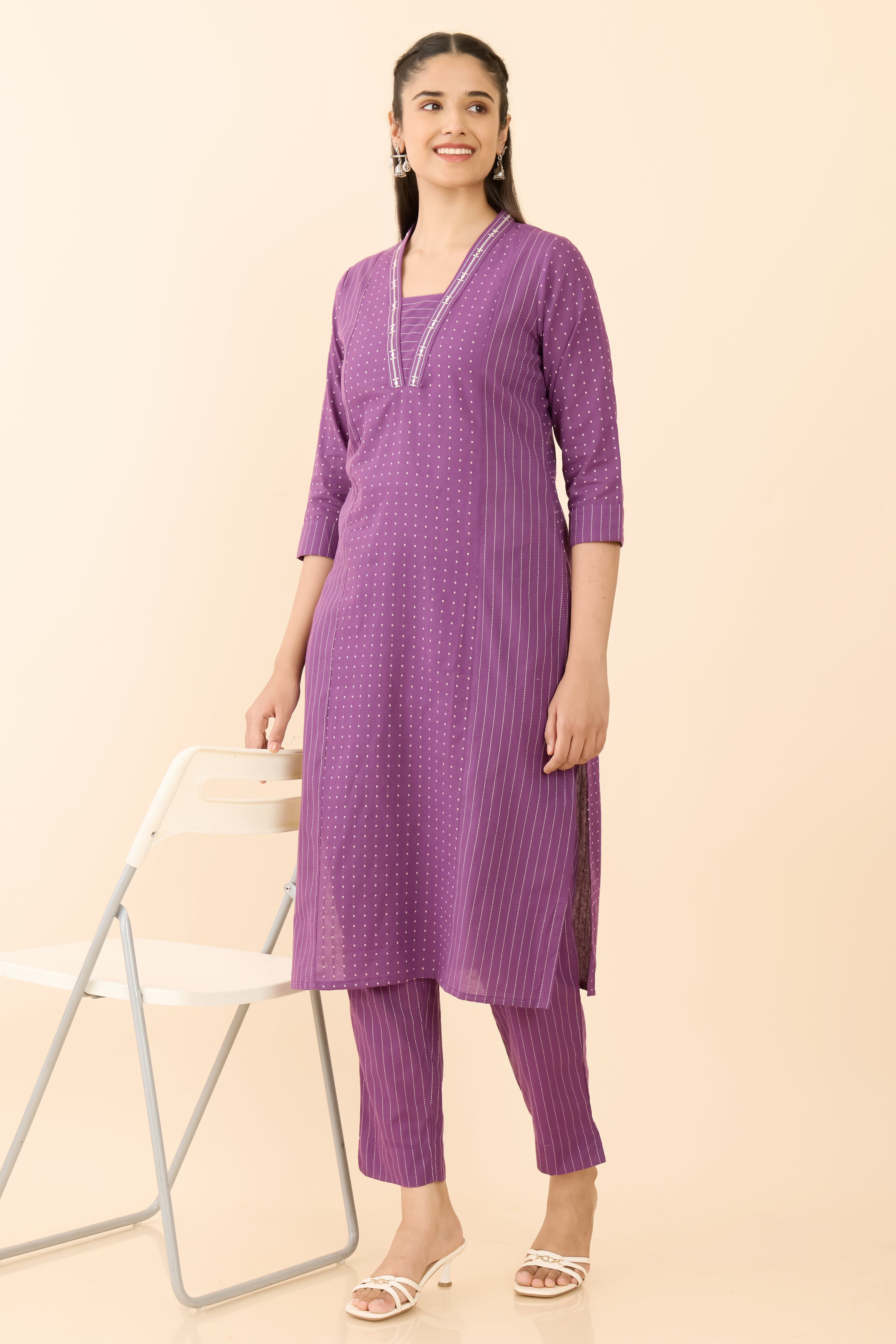 PURPLE POLKA DOT & STRIPE PRINTED STRAIGHT KURTA SET
