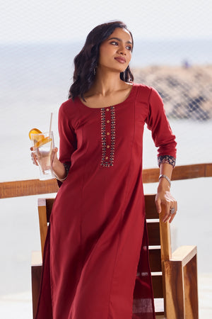 Floral Printed Maroon & Black Cotton Kurta Pant