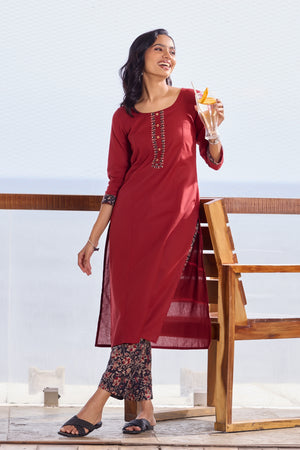 Floral Printed Maroon & Black Cotton Kurta Pant