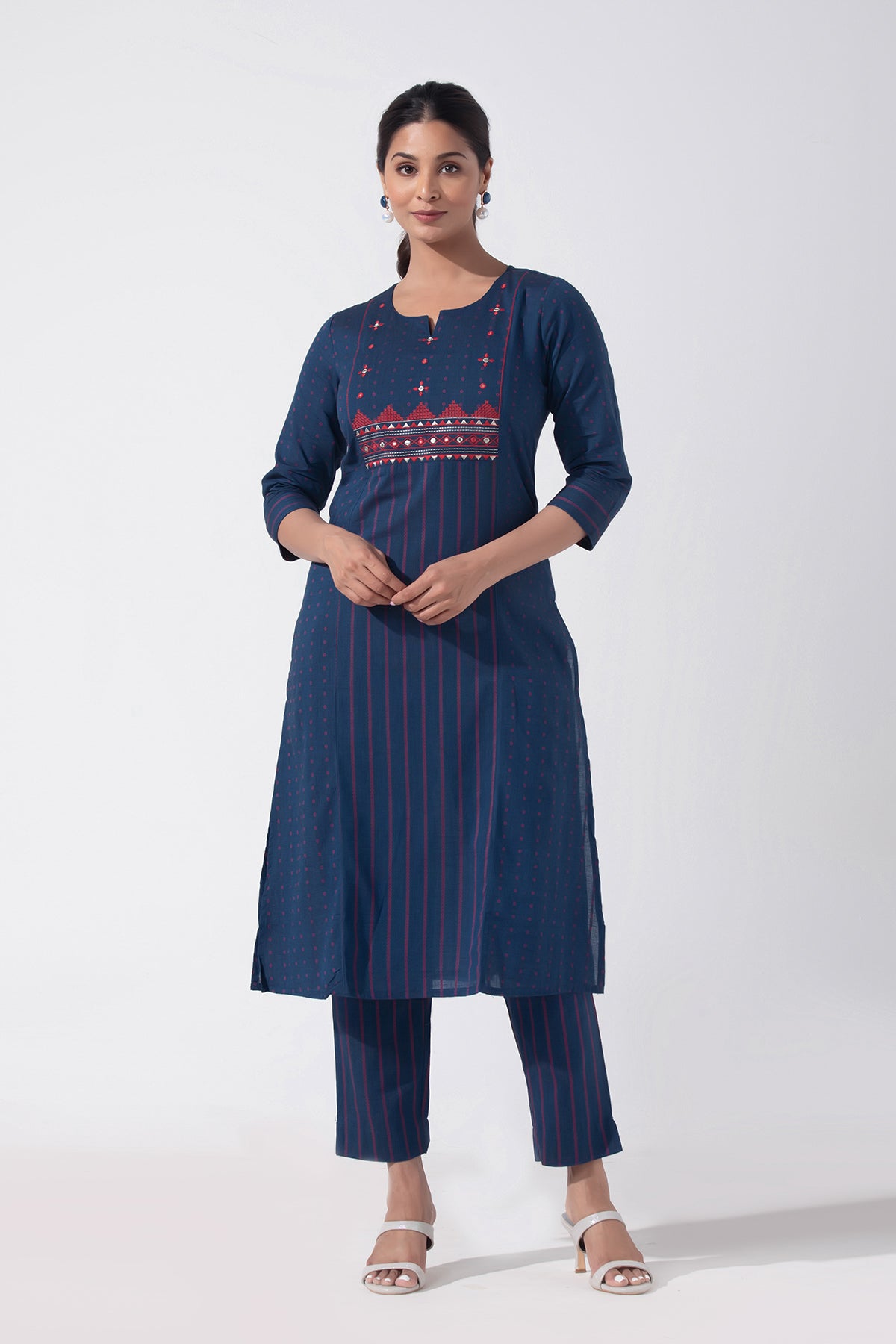 Cotton Dobby Embroidered Blue Kurta Pant