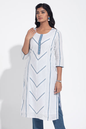 White & Blue Cotton Dobby Kurta Pant