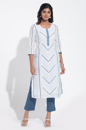 White & Blue Cotton Dobby Kurta Pant