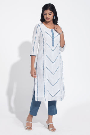 White & Blue Cotton Dobby Kurta Pant
