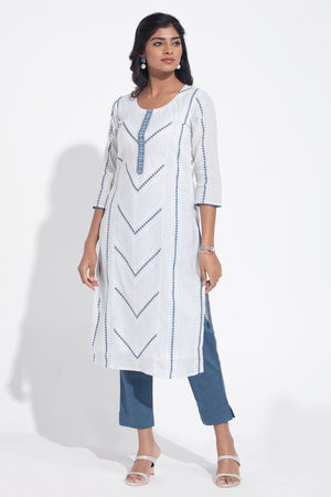 White & Blue Cotton Dobby Kurta Pant
