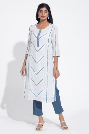 White & Blue Cotton Dobby Kurta Pant