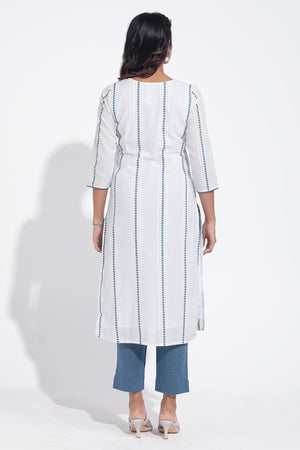 White & Blue Cotton Dobby Kurta Pant