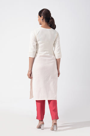 Floral Printed Linen Off-White & Pink Kurta Pant