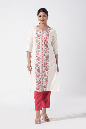 Floral Printed Linen Off-White & Pink Kurta Pant