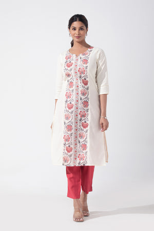 Floral Printed Linen Off-White & Pink Kurta Pant