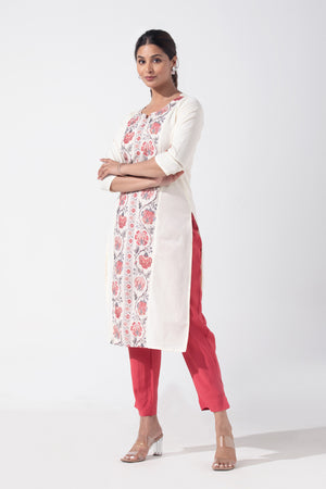 Floral Printed Linen Off-White & Pink Kurta Pant