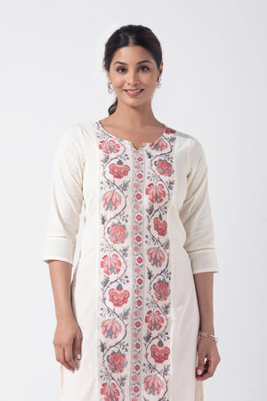 Floral Printed Linen Off-White & Pink Kurta Pant