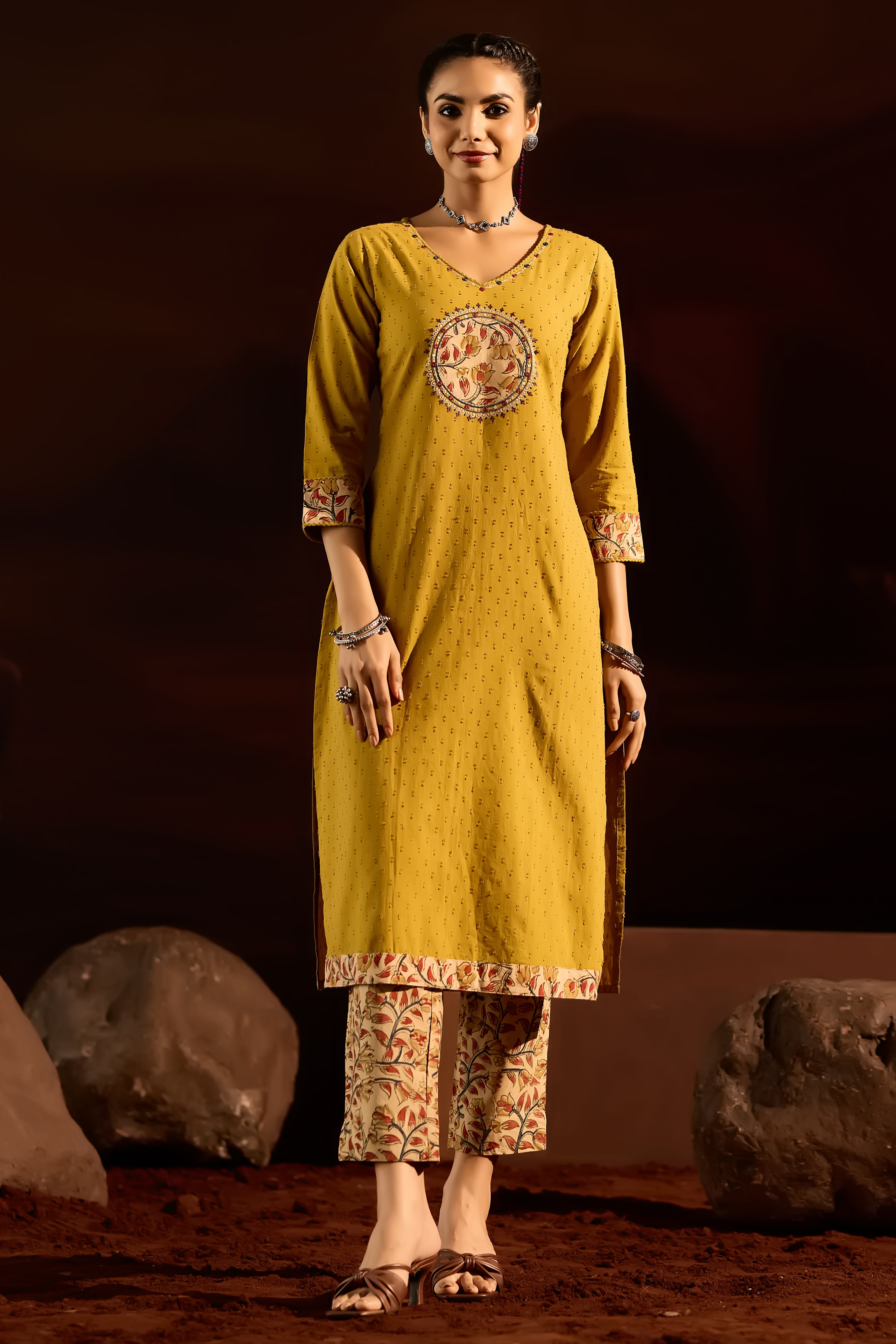 MUSTARD KALAMKARI YOKE KURTA WITH BEIGE KALAMKARI PANT