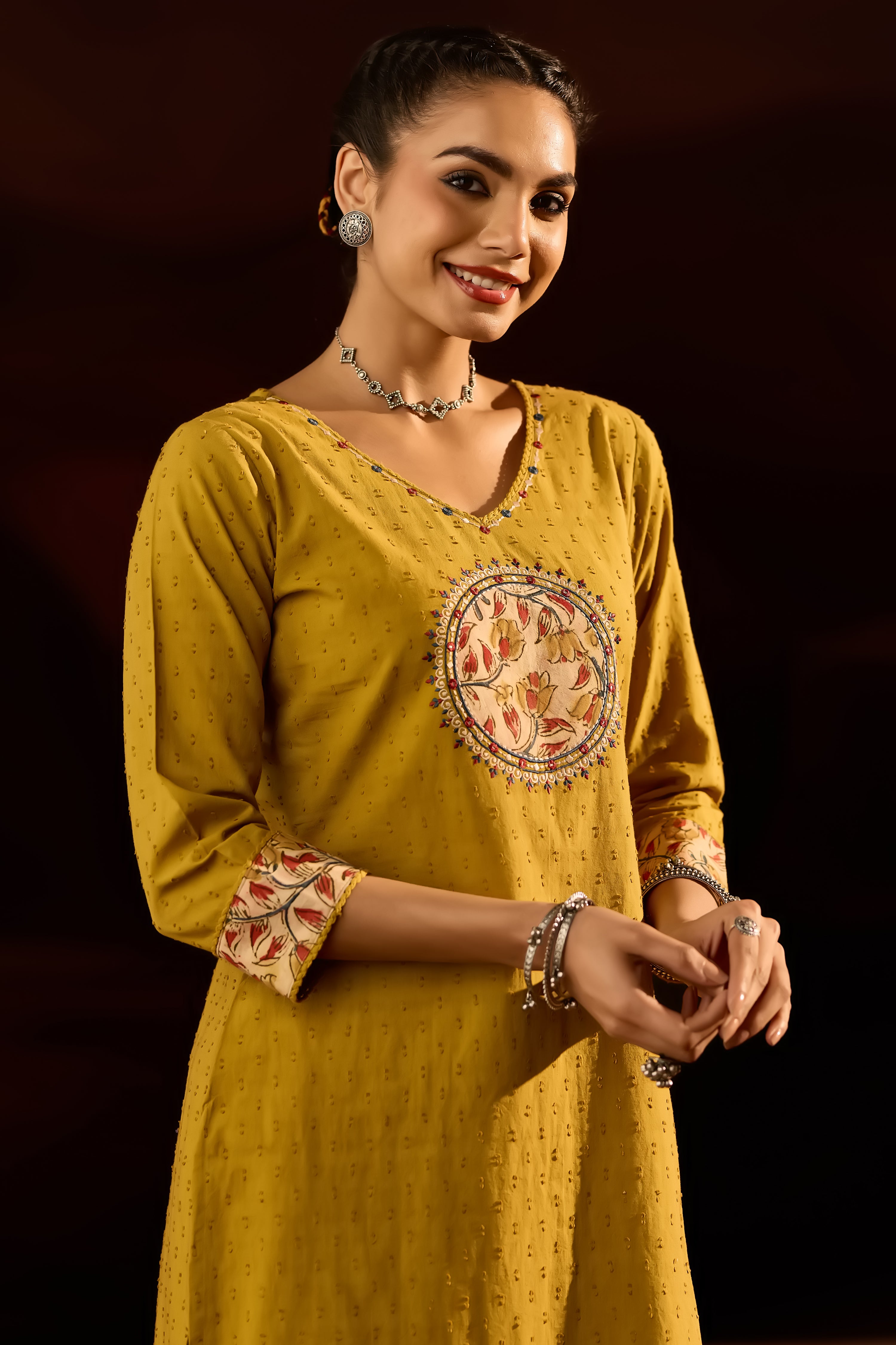 MUSTARD KALAMKARI YOKE KURTA WITH BEIGE KALAMKARI PANT